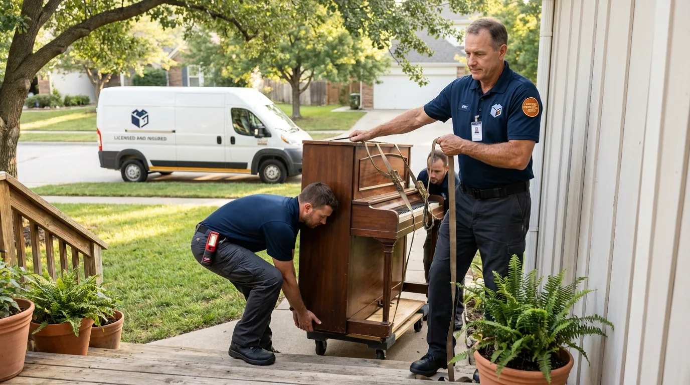 Licensed piano movers securing grand piano in Saint Michaels, MD