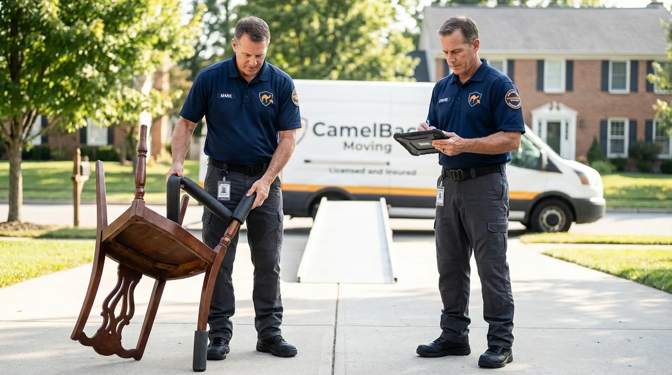 Movers inspecting furniture for damage prevention before loading in Saint Michaels, MD